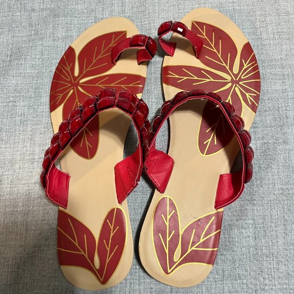 Ladies Flat Sandals Red and Tan Bedazzled Size 8 - Picture 2 of 9